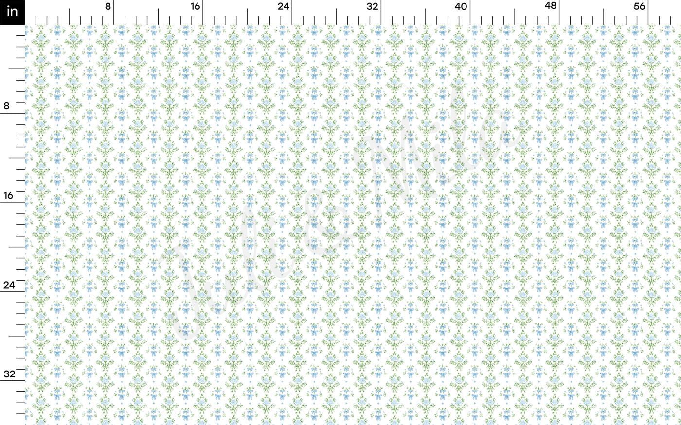 The image is a fabric with a repeating pattern of small blue and green flowers or leaves. The pattern is arranged in a grid-like fashion, creating a visually appealing and intricate design. The image does not contain any text or other discernible objects or actions.