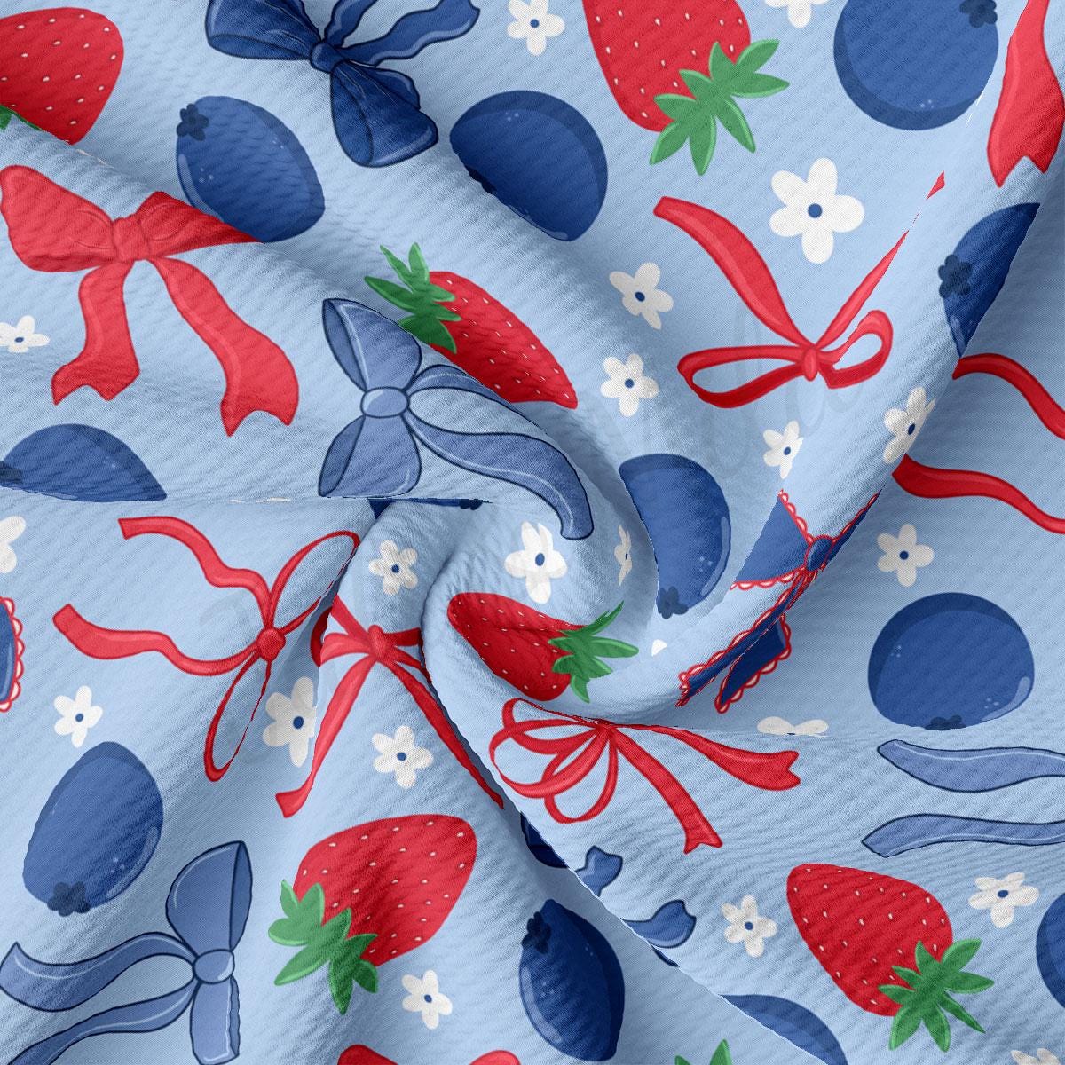 a blue fabric with red, white and blue designs