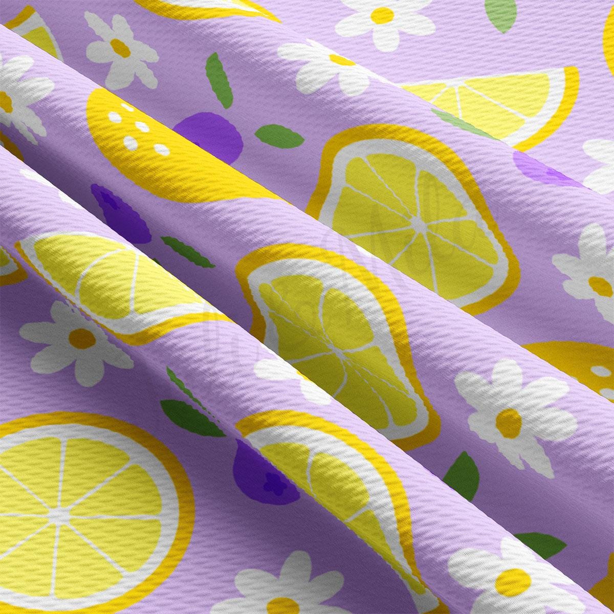 a pattern of lemons and flowers on a purple background