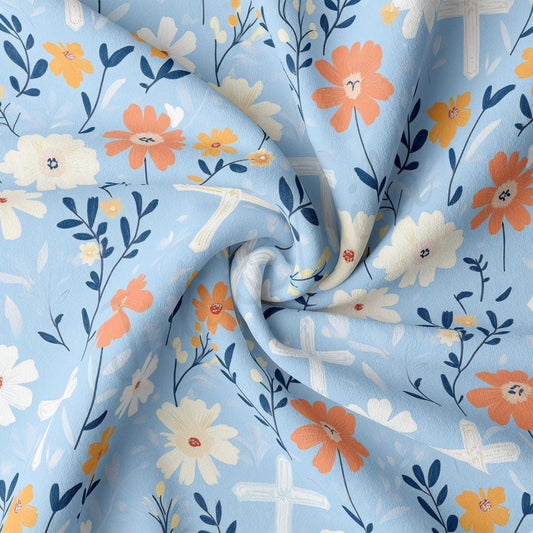 a blue and orange floral print fabric
