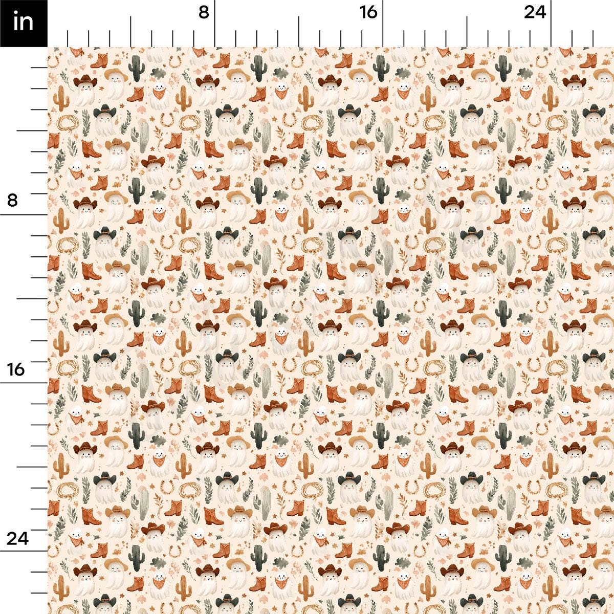 a repeating pattern of various cowboy-related objects and animals, including cacti, horses, and boots, all rendered in a stylized, cartoon-like manner.