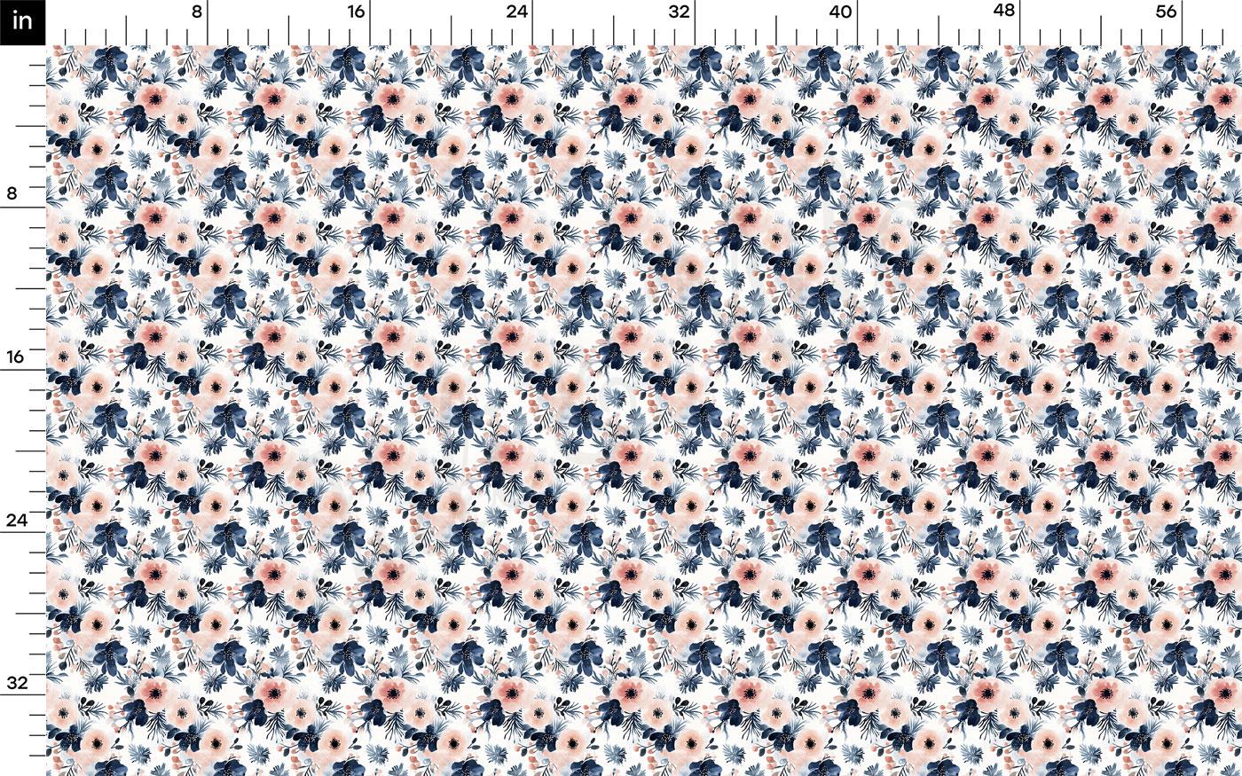 The image is a repeating pattern of various flowers and leaves in shades of blue, pink, and white. The pattern is arranged in a grid-like fashion, with each flower and leaf occupying a specific position within the grid. The image does not contain any text or additional objects, and the relative positions of the flowers and leaves remain consistent throughout the pattern.