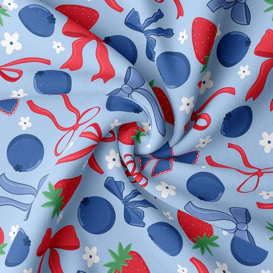 a blue fabric with red, white and blue designs