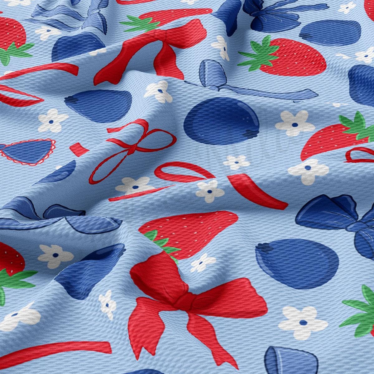 a blue fabric with red, white and blue designs