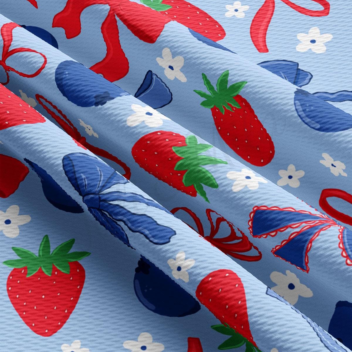 a blue background with red, white and blue strawberries
