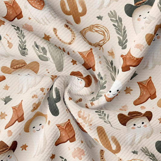 The image is a close-up of a fabric with a repeating pattern of cowboy-themed illustrations, including cacti, horses, boots, and stars.