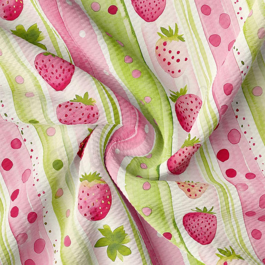 a pink and green fabric with strawberries on it