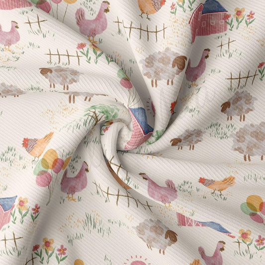 a close up of a white fabric with farm animals on it