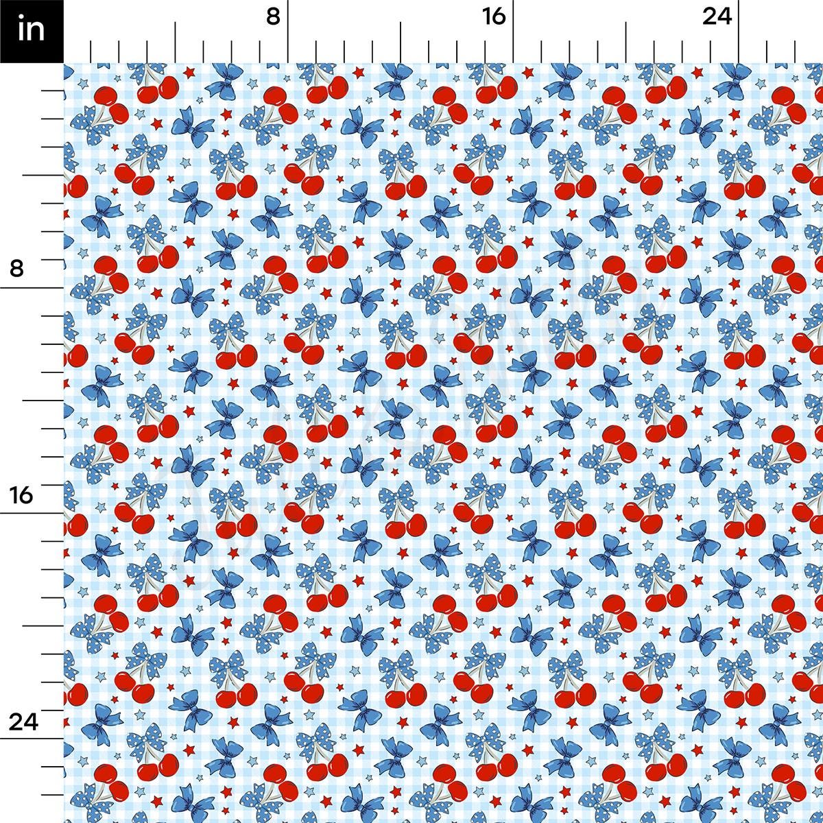 a blue and red pattern with red berries