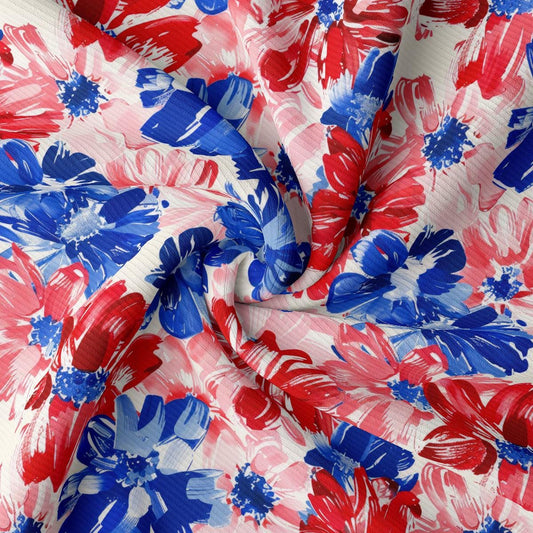 a red, white and blue floral print fabric