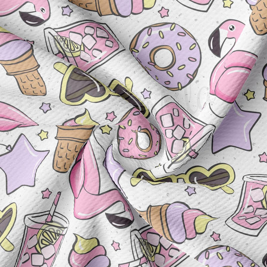a close up of a pink and white fabric with donuts, ice cream,