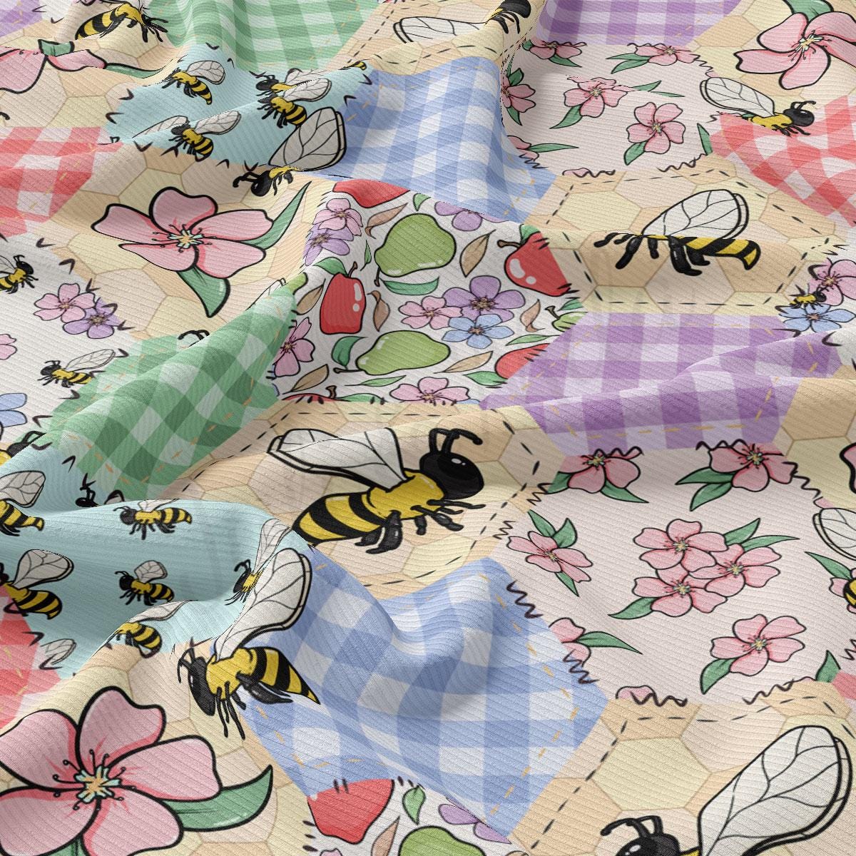 a multicolored pattern of bees and flowers