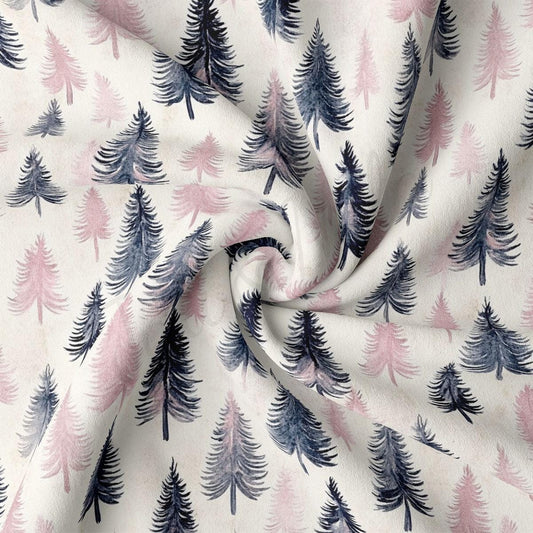 a close-up view of a fabric with a repeating pattern of stylized pine trees in shades of pink and blue.