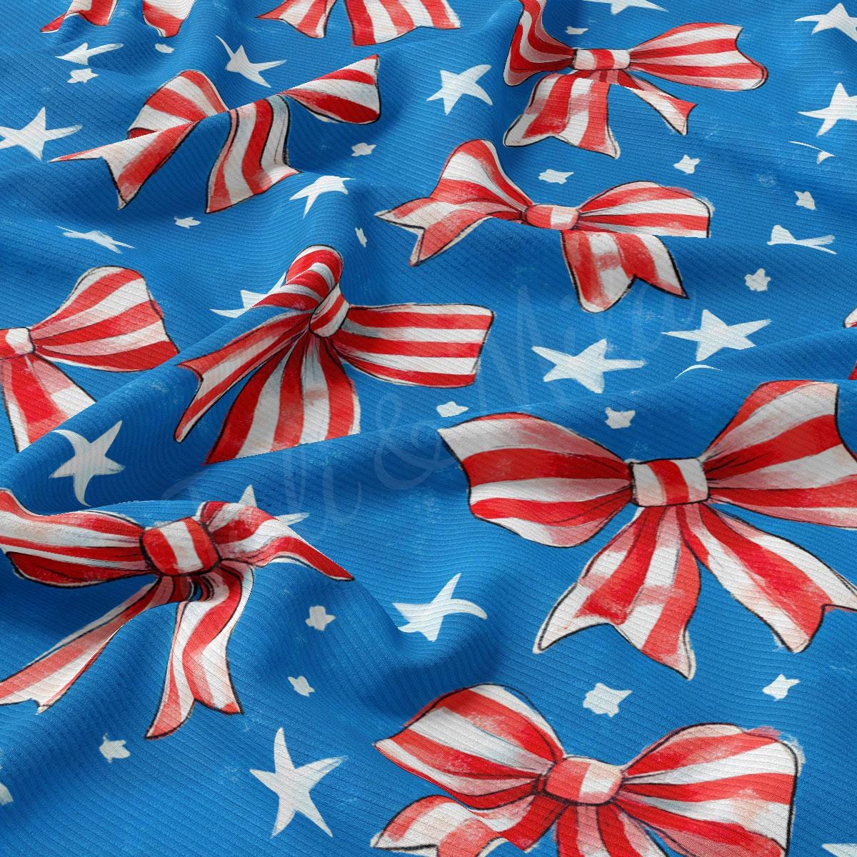 a blue background with red, white and blue bows