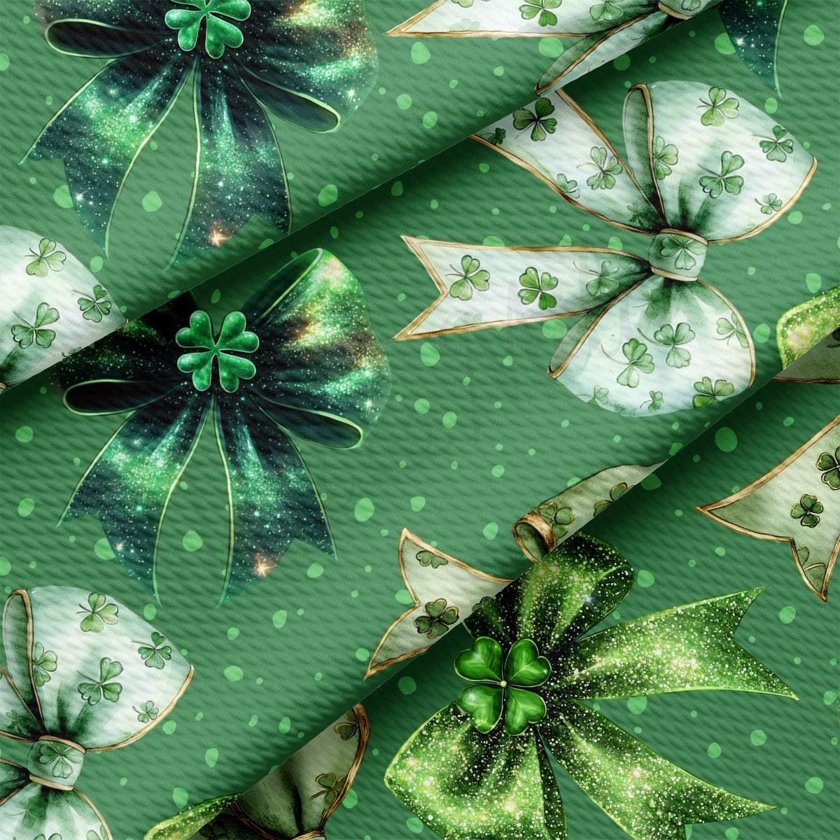a green background with green bows and shamrocks