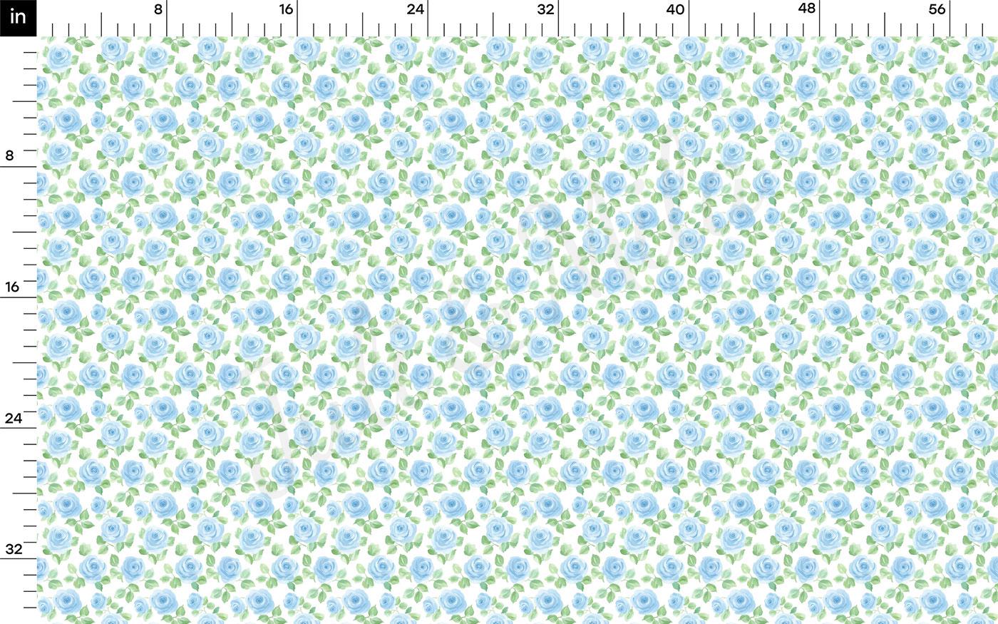 The image is a repeating pattern of blue flowers on a white background, with a ruler at the top indicating the size of the pattern in inches.