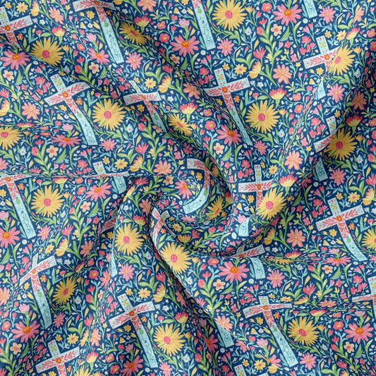 a blue and yellow floral print fabric