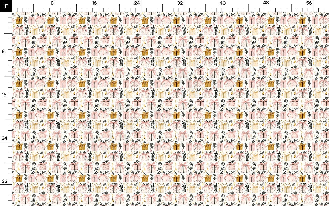 a repeating pattern of various shapes and objects, including boxes, flowers, and other decorative elements, arranged in a grid-like fashion. The pattern appears to be a fabric print or textile design, with a consistent color scheme and layout.