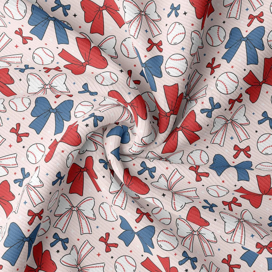 a red, white, and blue pattern of baseballs and bows