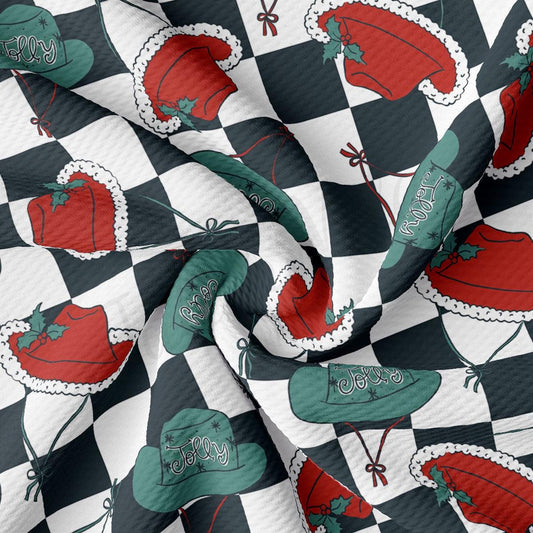 a black and white checkered fabric with red and green hats on it