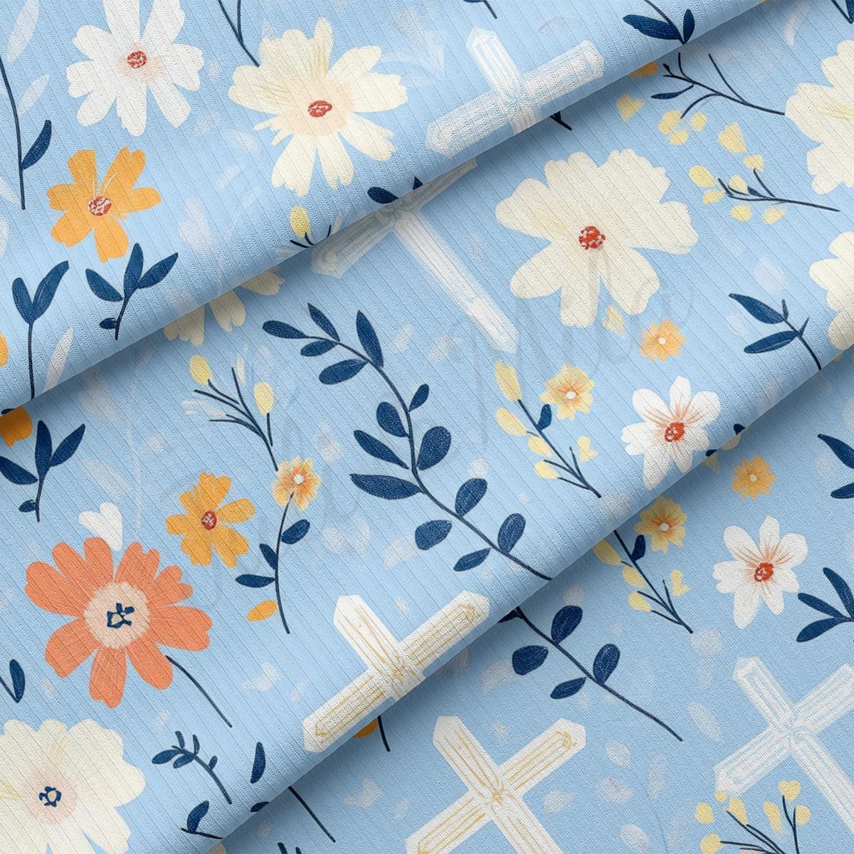 a blue background with flowers and a cross