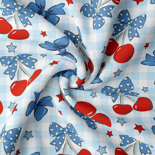 a blue and white checkered fabric with red, white, and blue hearts and