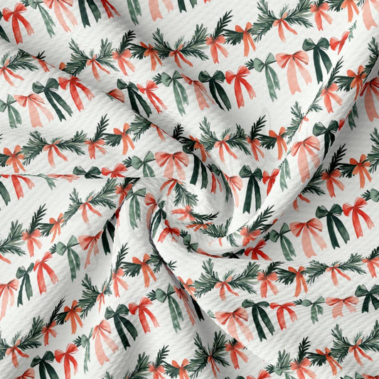 a repeating pattern of green and red bows on a white background.