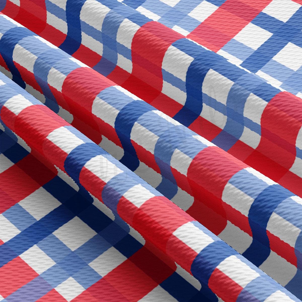 a red, white and blue checkered fabric with a pattern