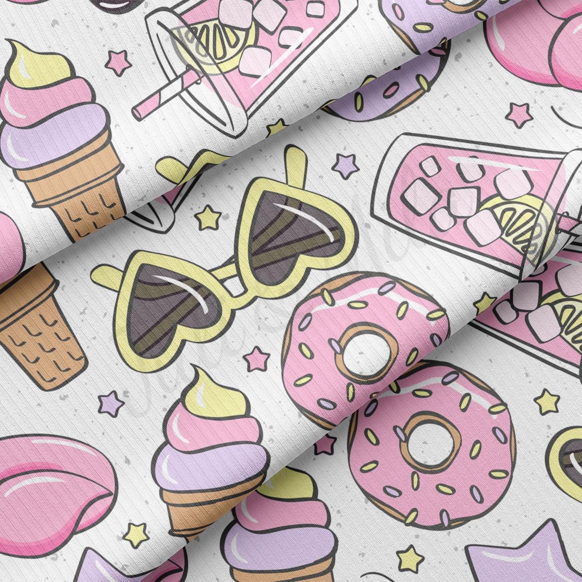 a pattern of donuts, ice cream, and sunglasses on a white background