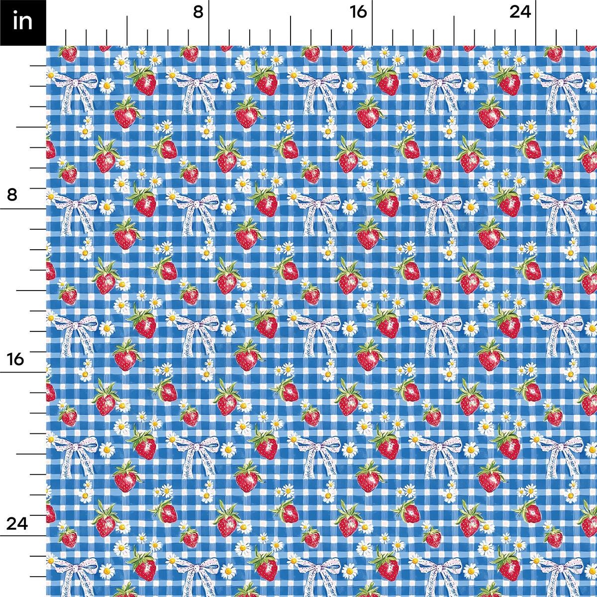 a blue and white checkered pattern with cherries on it