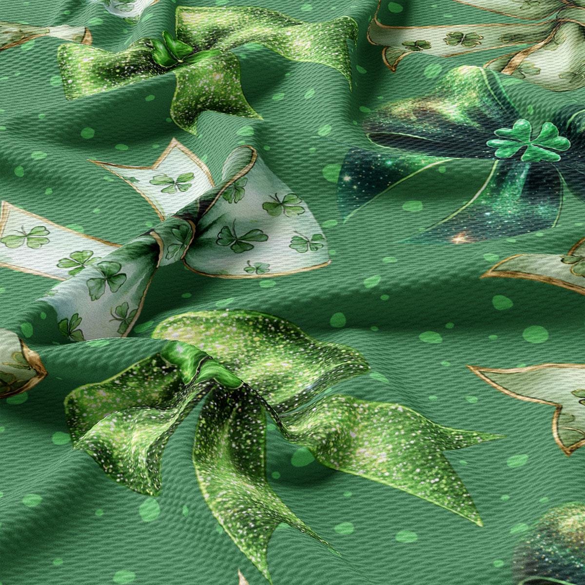 a close up of a green fabric with shamrocks on it