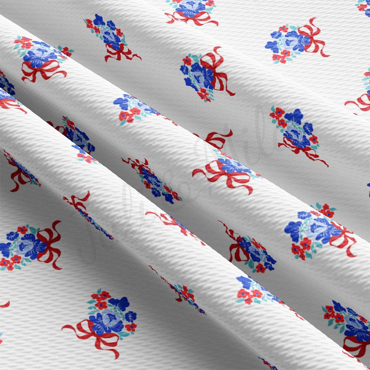 a white background with red, white, and blue flowers