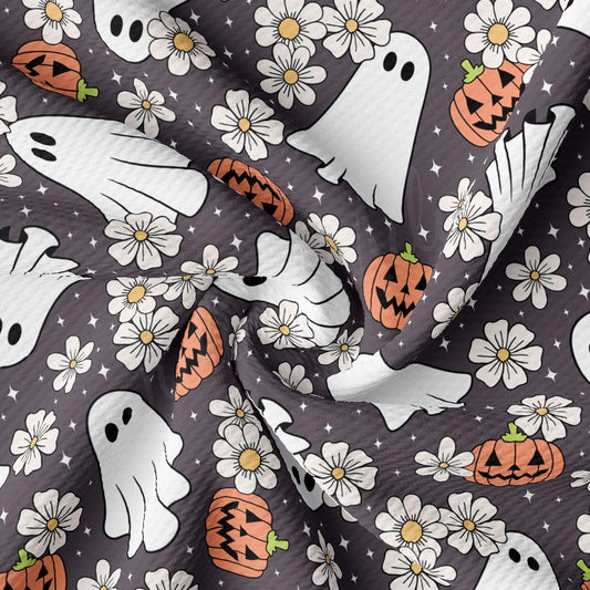 a pattern of ghost and flowers on a black background