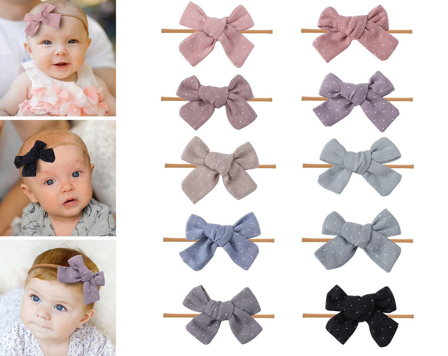10 Polka Dots Nylon Baby Headbands, Baby Girl Headbands, Newborn baby headbands, Infant Headbands, Baby Bow Headbands: Linen Polka Dot