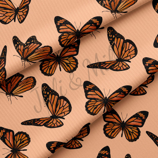 Peach Butterflies Rib Knit Fabric E7
