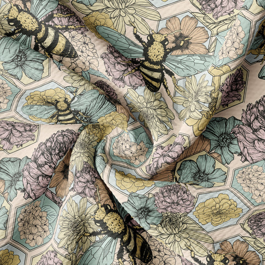 Floral Bees Summer Bullet Textured Fabric by the yard AA1560