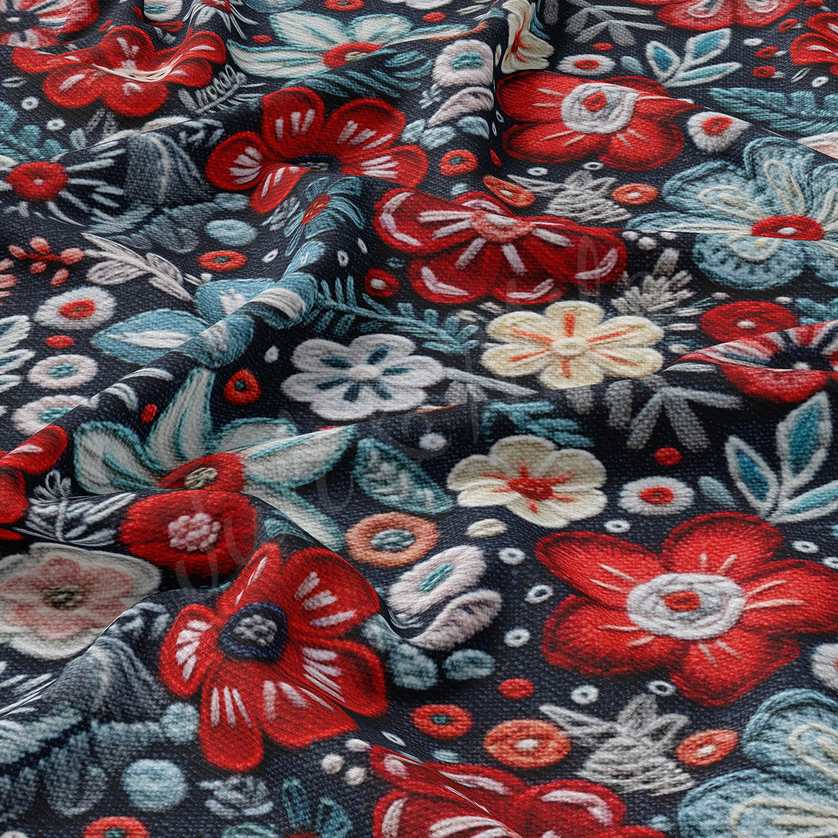 4th of July Patriotic Floral Embroidery Rib Knit Fabric AA1791