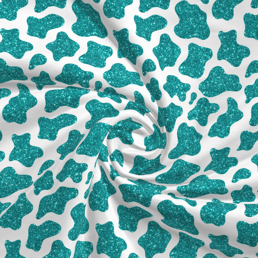 100% Cotton Fabric By the Yard Printed in USA Cotton Sateen - Cotton CTN2634 Turquoise Glitter Cow