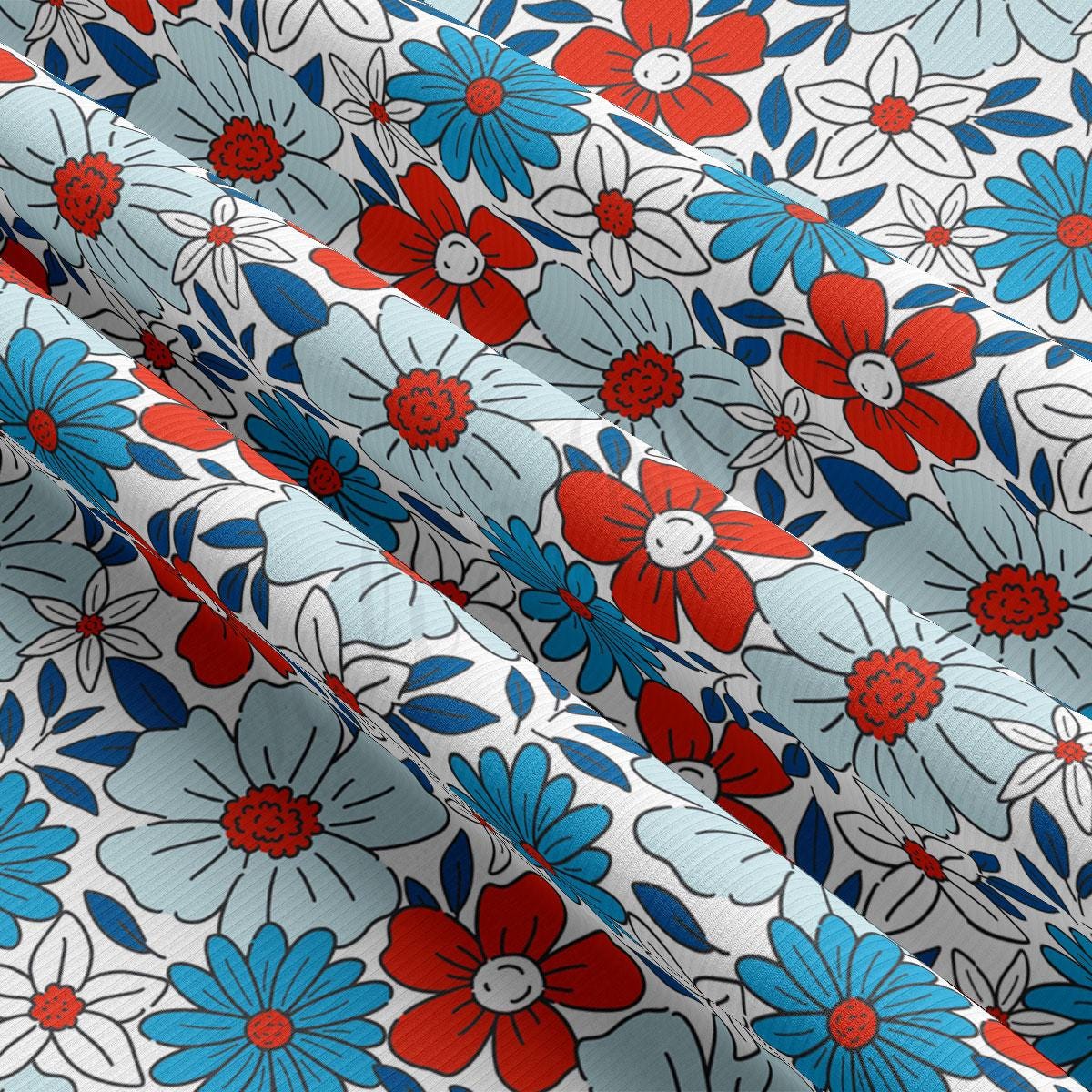 a red, white, and blue flower print fabric