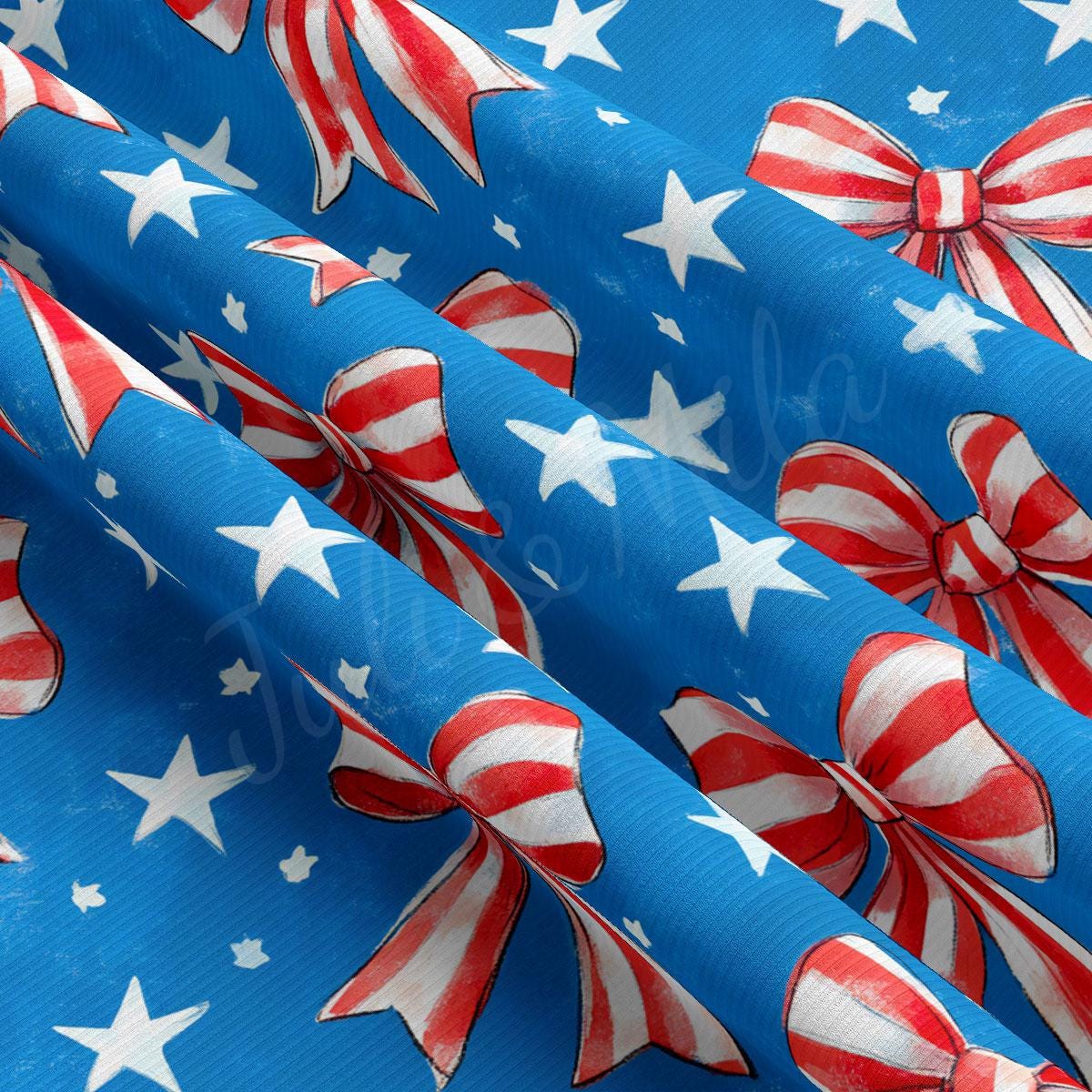 a blue background with red, white and blue stars and bows
