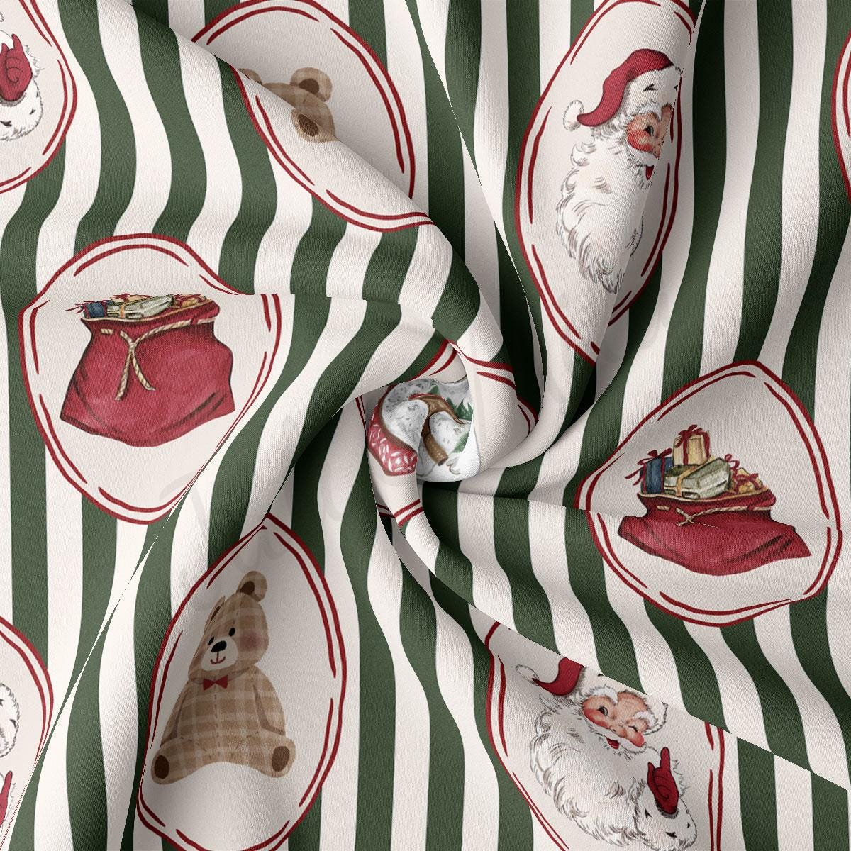The image is a close-up of a fabric with a repeating pattern of Christmas-themed illustrations, including Santa Claus, a teddy bear, and a sack of presents.