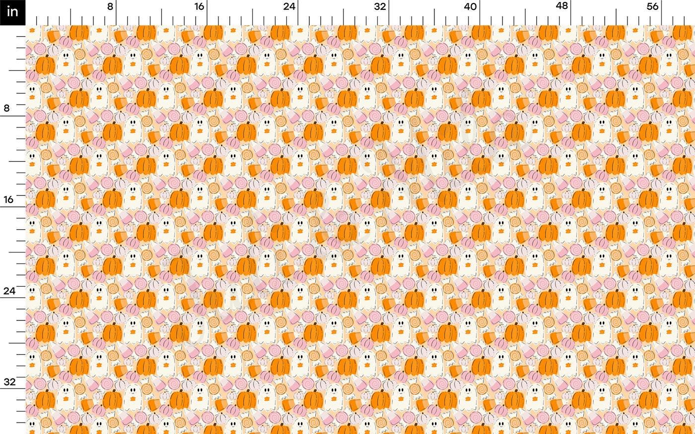 The image is a repeating pattern of orange and white pumpkins and ghost-like figures on a white background.
