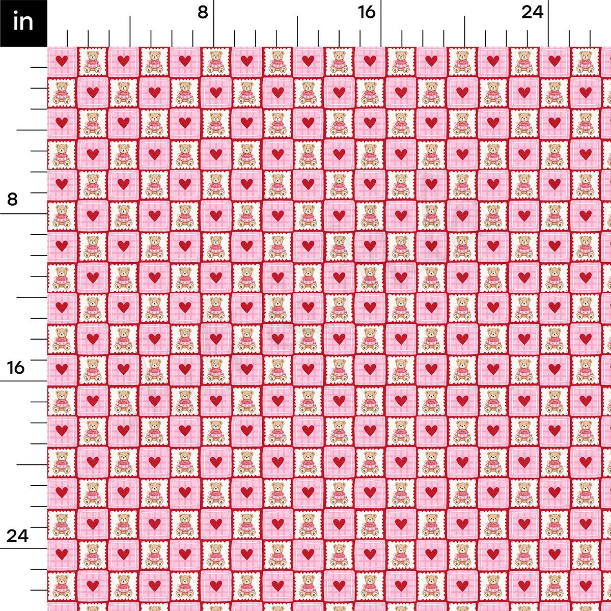 a repeating pattern of pink squares with red hearts and teddy bears. The pattern is arranged in a grid-like fashion, with each square containing a teddy bear and a heart. The image is not a single photograph but a collection of images that have been combined to create a larger pattern.