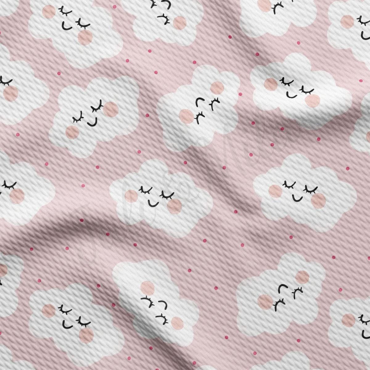 a pink and white background with clouds and stars