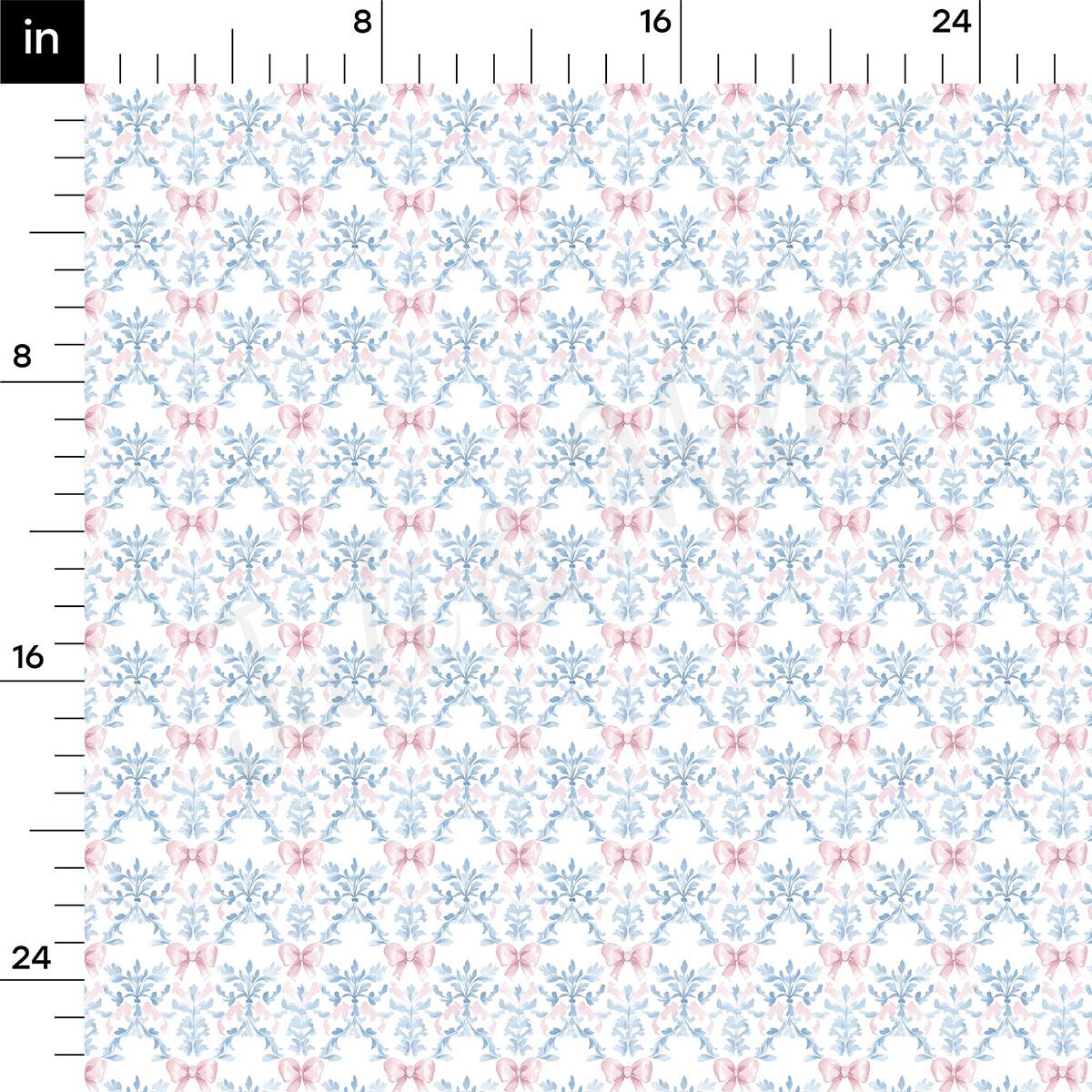 a repeating pattern of blue and pink flowers with white leaves, arranged in a grid-like fashion. The pattern is composed of small, evenly spaced flowers and leaves, creating a visually appealing and intricate design. The image does not contain any text or other discernible objects or actions.