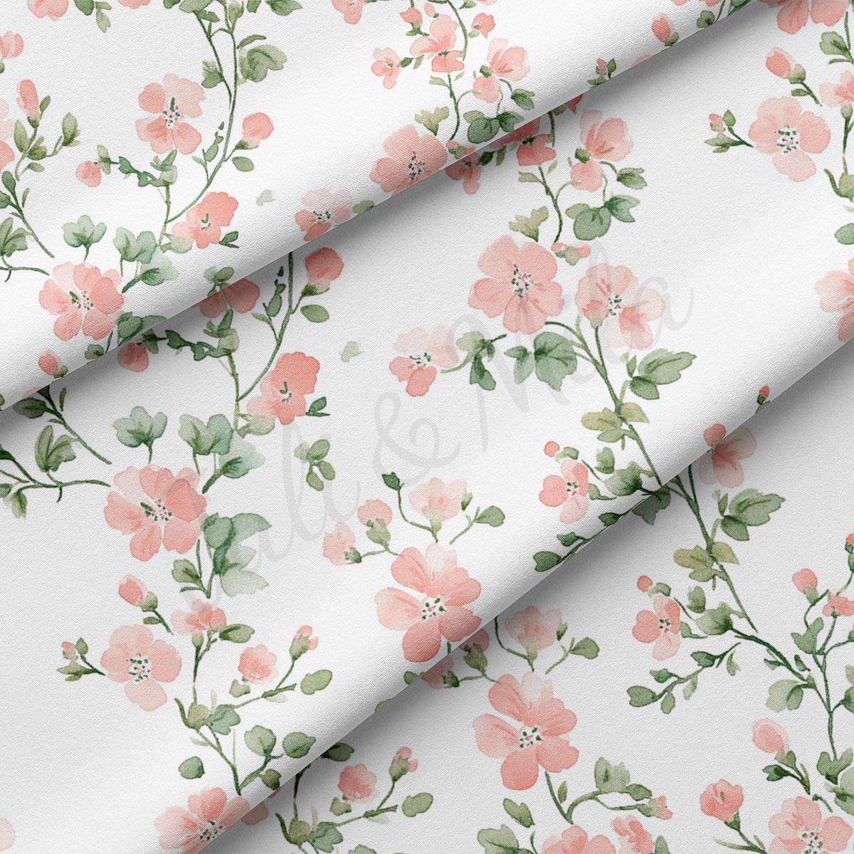 a repeating pattern of pink flowers with green leaves on a white background.
