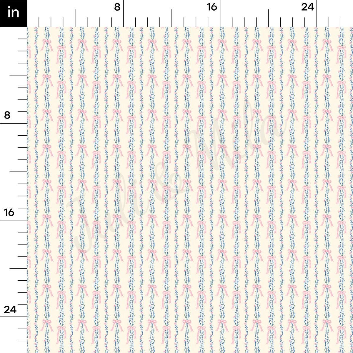 The image is a repeating pattern of pink and blue bows on a beige background, with the bows arranged in a diagonal line across the image.