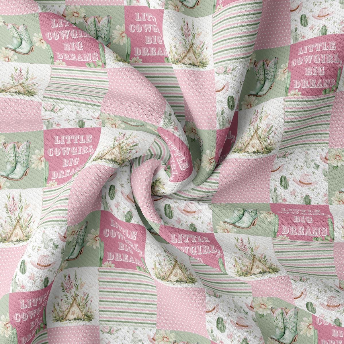 The image is a close-up of a fabric with a repeating pattern of pink and green colors, along with various images and text.
