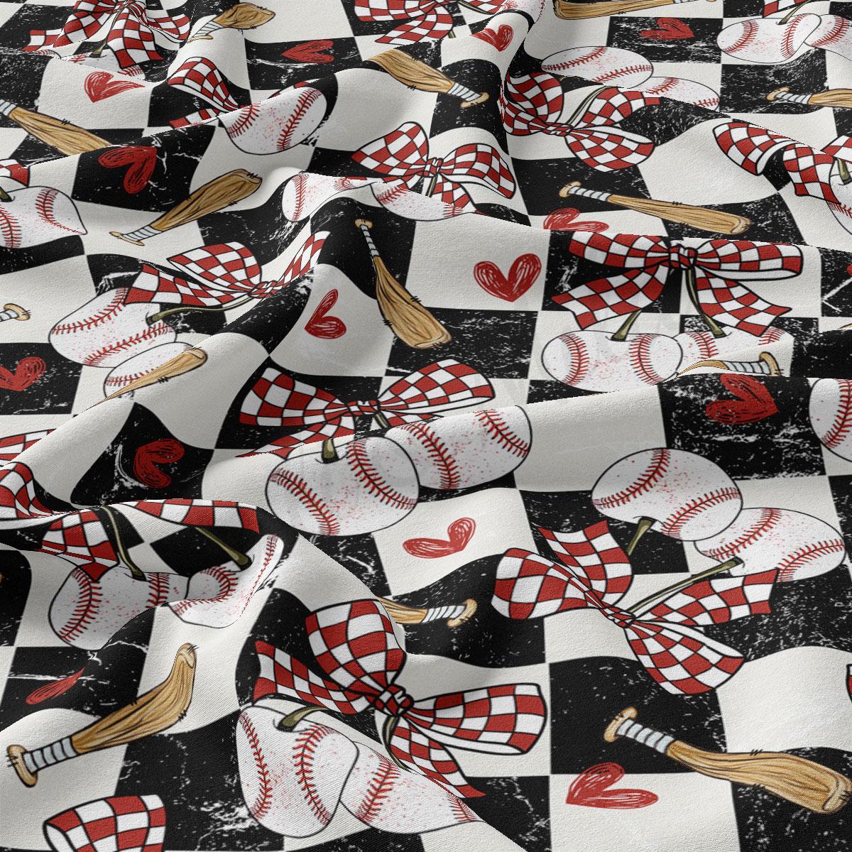 The image is a close-up of a fabric with a repeating pattern of baseballs, bats, and checkered flags in red and white colors.