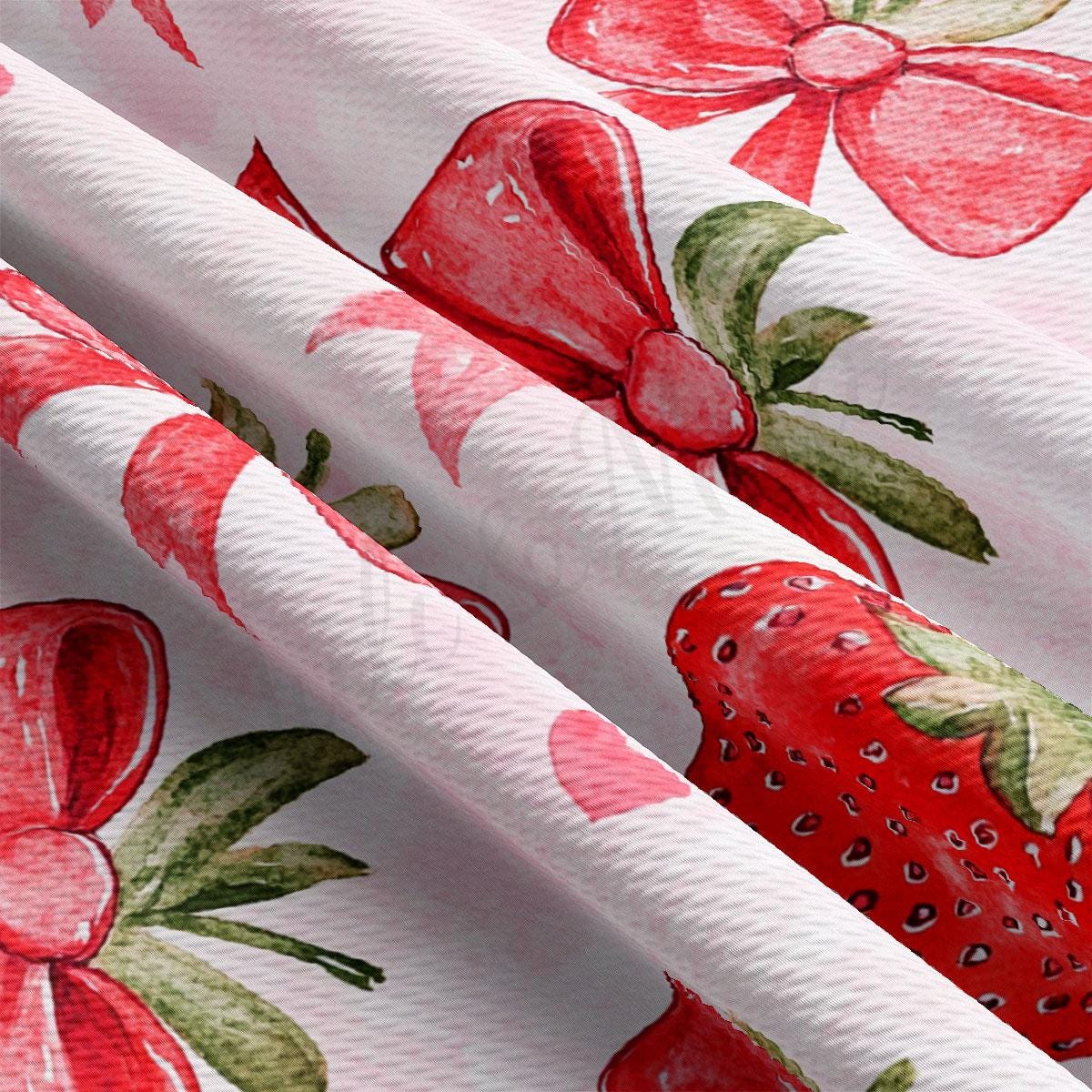 a close-up view of a fabric with a repeating pattern of red strawberries and green leaves. The fabric appears to be white, and the pattern is intricate and detailed, with the strawberries and leaves filling the entire visible area of the fabric.